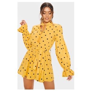 Mustard Polka Dot Balloon Sleeve Tie Skater Dress